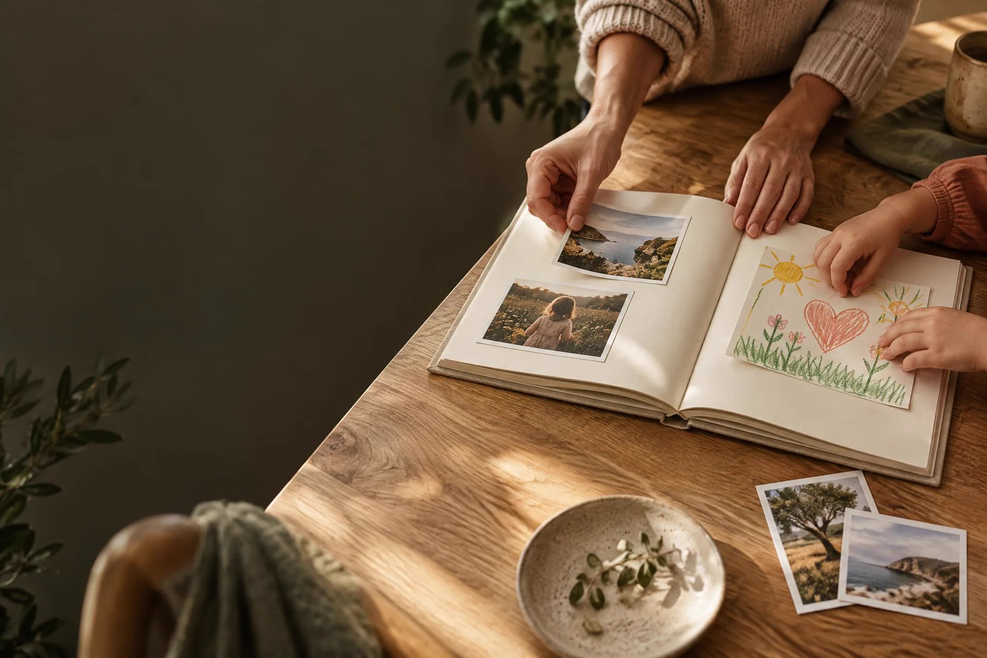 Adult and child hands arranging family photographs and a drawing in an open square keepsake book