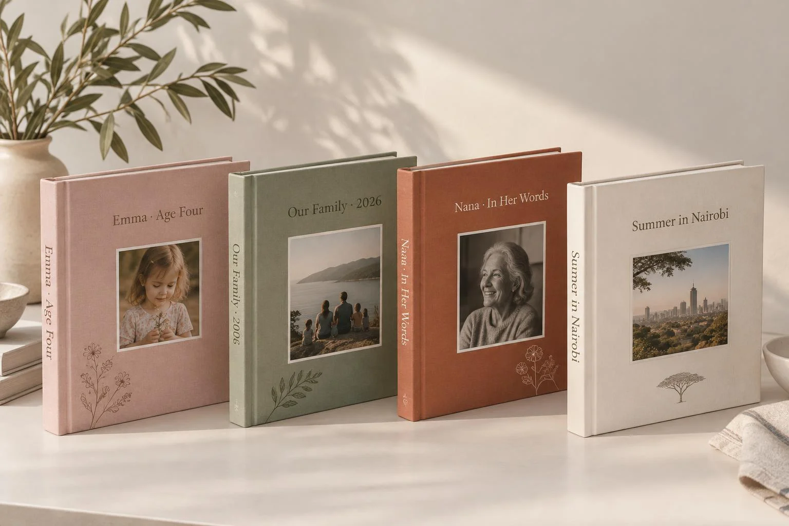 Four illustrative hardcover Story Books: Emma · Age Four, Our Family · 2026, Nana · In Her Words, and Summer in Nairobi