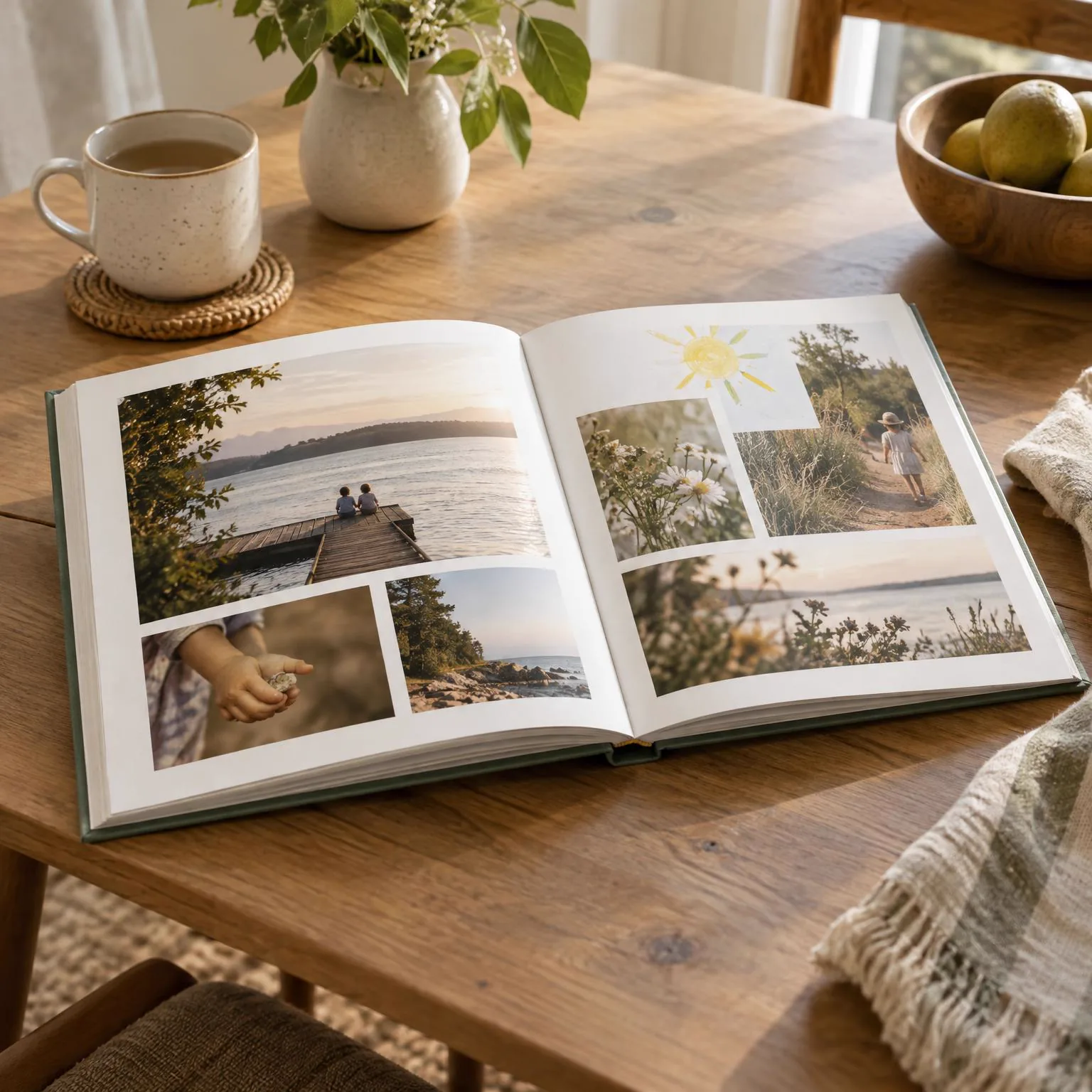 An open hardcover family photo book on a table