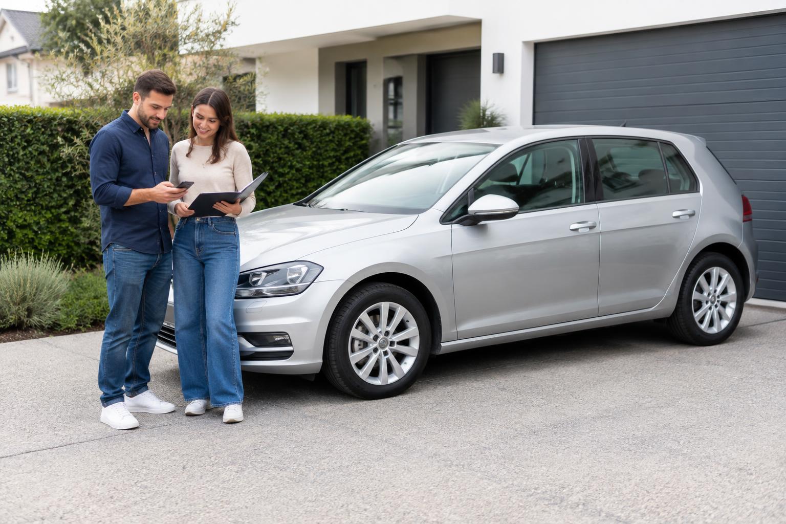 Illustrative private vehicle handoff: two adults review a phone and documents beside a parked car